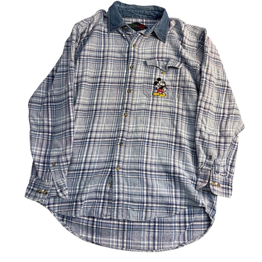 Vintage Disney Store Mickey Mouse Plaid Flannel Shirt Blue Denim Collar Mens